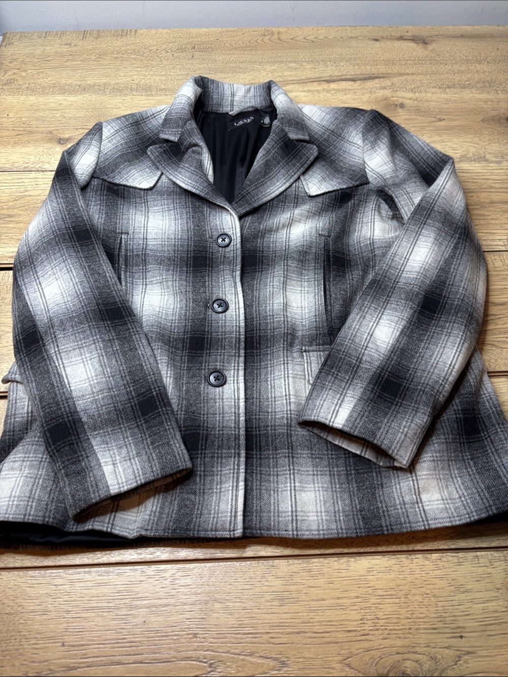 Women’s Lauren Ralph Lauren Black and Gray Plaid Pea Coat Size 12